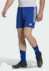 Blauwe sportshorts met een wit drie-strepen ontwerp, elastische tailleband en Adidas-logo. Gecombineerd met blauwe sokken en zwarte voetbalschoenen.