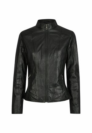 Musta nahkatakki, jossa on pystykaulus, epäsymmetrinen saumoitus, kaksi vetoketjullista sivutaskua ja istuva muotoilu.