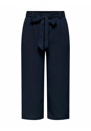 Pantalon court bleu marine en tissu léger, avec une coupe large, une taille élastique et une ceinture en tissu nouée pour un ajustement réglable.