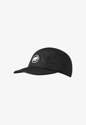 Cappello nero realizzato in tessuto texture, con una visiera curvata e un logo bianco di un mammuth sul davanti. Design semplice, costruzione leggera.