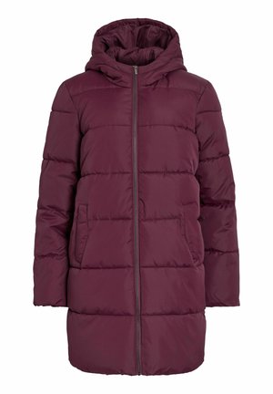 Veste rembourrée bordeaux avec capuche, dotée d'une fermeture éclair sur le devant, de deux poches latérales et de coutures horizontales sur toute la surface pour l'isolation.