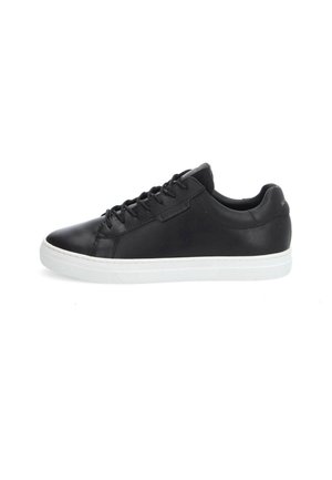 Black leather sneakers with white rubber sole, featuring a rounded toe, lace-up closure, and minimalistic design. Accents include subtle branding.