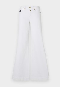 Jeans bianchi a gamba larga in denim, con vita alta, due tasche frontali e bottoni dorati. Texture liscia con un design a gamba ampia.