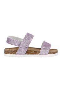 Glanzende lavendelkleurige sandalen met verstelbare klittenbandbandjes, kurken voetbed en een witte rubberen zool. Vlak ontwerp voor comfort en ondersteuning.