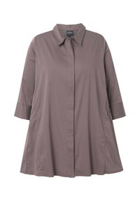 Camicia a maniche lunghe con bottoni in tessuto color malva. Presenta un colletto, una vestibilità morbida e un orlo curvo. Design semplice e pulito senza motivi.