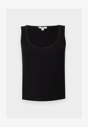 Débardeur noir côtelé sans manches avec encolure dégagée, étiqueté "Topshop", affiché sur un fond blanc.