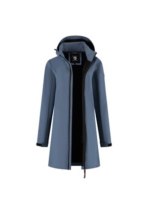 Longue veste imperméable bleue à capuche avec doublure intérieure noire et fermeture éclair frontale, présentée ouverte sur fond blanc.