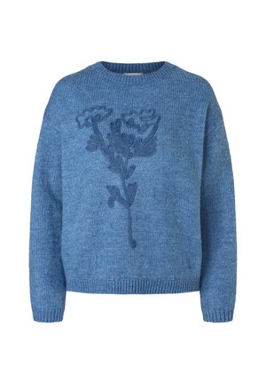 Blue knit sweater with long sleeves and a textured floral design centered on the front.