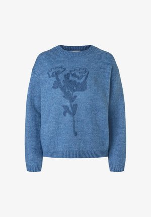Blauer Strickpullover mit langen Ärmeln und einem strukturierten Blumendesign, das mittig auf der Vorderseite platziert ist.