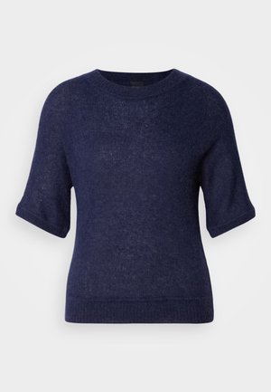 Marineblauwe korte mouwtrui van gebreide stof, met een ronde halslijn en een comfortabele pasvorm met geribde zoom.