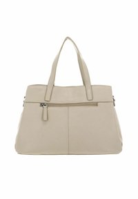 Beige Einkaufstasche mit zwei Griffen, glatter Textur, Reißverschlussfach auf der Vorderseite und genähten Details. Schlichte, rechteckige Form.