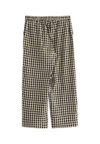 Spodnie w czarno-beżową kratę o elastycznym pasku, zwężanym kroju i długości do kostek. Wykonane z lekkiego materiału.