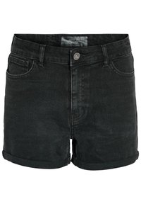 Black denim shorts with a rolled hem, five-pocket design, and a metal button closure. Includes a brand label on the waistband.