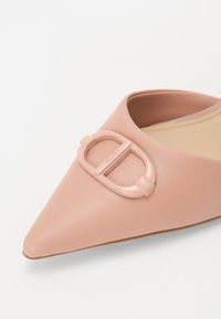 Ballerine à bout pointu en cuir rose doux, avec une accent de boucle mate. La chaussure a une texture lisse et un design minimaliste.