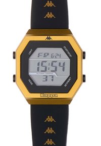 Digital klocka med ett guld hexagonalt hölje, svart silikonrem med upprepat logomönster och en klar LCD-skärm som visar tid och funktioner.