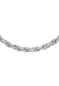 Collana in argento con maglie intrecciate e finitura lucida. Il design è robusto con una texture liscia e riflettente.