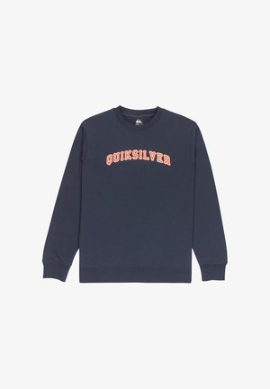 Dunkelblaues Sweatshirt aus Baumwolle mit langen Ärmeln; verfügt über ein gebogenes orangenes "QUIKSILVER"-Logo auf der Vorderseite und einen runden Halsausschnitt.