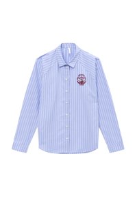 Camicia a maniche lunghe a righe blu chiaro con colletto, placket con bottoni e ricamo sul petto sinistro in bordeaux che presenta un logo e del testo.