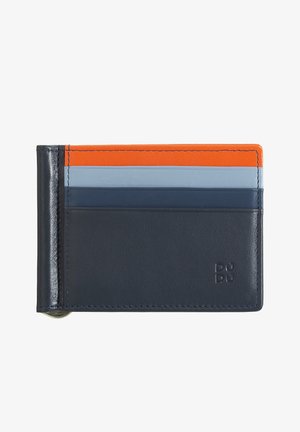Navy leather wallet with orange, blue, and light blue card slots. Features a smooth texture and embossed brand logo. Compact, rectangular design.