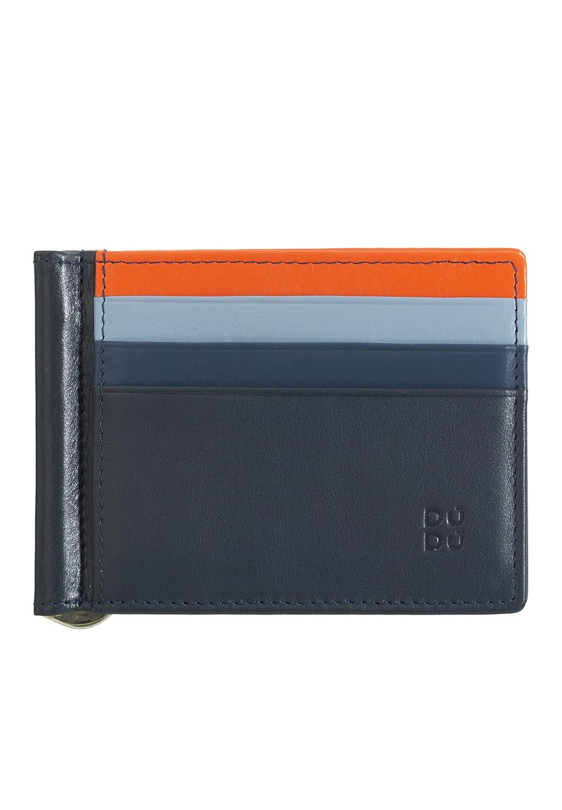 Portafoglio in pelle navy con slot per carte arancioni, blu e azzurri. Presenta una texture liscia e il logo del marchio impresso. Design compatto e rettangolare.