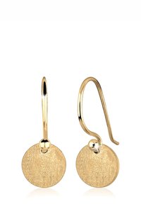 Auksiniai lašeliniai auskarai su tekstūruotu apskritu pakabuku ir lygiu kabliuku. Turi poliruotą paviršių ir minimalistinį dizainą.