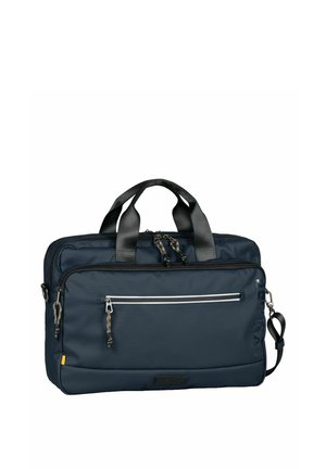 Navy blue rectangular laptop bag with dual black handles, front zip pocket, and detachable shoulder strap on white background.