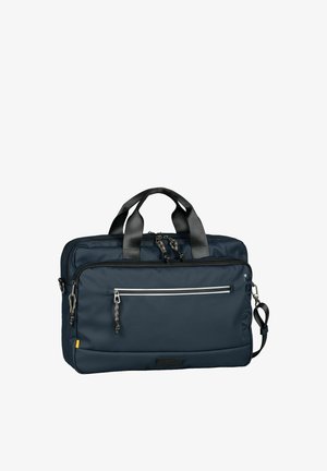 Navy blue rectangular laptop bag with dual black handles, front zip pocket, and detachable shoulder strap on white background.