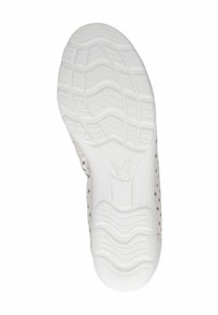 Biała podeszwa sneakerów z teksturowanym, falistym wzorem bieżnika; zawiera logo motyla oraz drobne otwory po bokach dla lepszej wentylacji.
