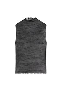 Černý bezrukávový top z průsvitné texturované látky s vysokým límcem a mačkaným vzorem. Má vlnité lemování a žádné viditelné kovové doplňky.