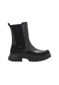 Bottines noires comprenant une combinaison de cuir lisse et de tissu texturé, avec une semelle épaisse et des panneaux élastiques sur les côtés pour un enfilage facile.