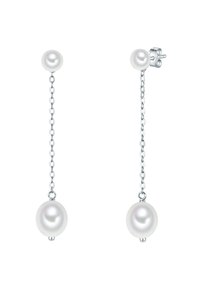 Pendientes de perlas colgantes con dos perlas redondas y blancas en una delicada cadena de plata, con un cierre de pin para un ajuste seguro.