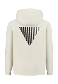 Lichtbeige hoodie met een zwarte, driehoekige grafische afbeelding op de achterkant. Heeft een capuchon, lange mouwen en ribgebreide boorden aan de onderkant.