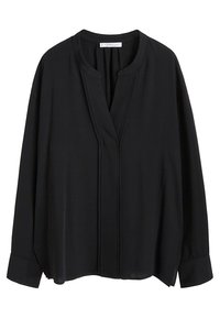 Schwarze Bluse mit langen Ärmeln aus glattem Stoff, mit Mandarin-Kragen, zentraler Knopfleiste mit Falten und lässigem Schnitt.