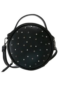Round black leather bag with a zip closure, adorned with silver studs and small rhinestones, featuring a top handle and adjustable strap.