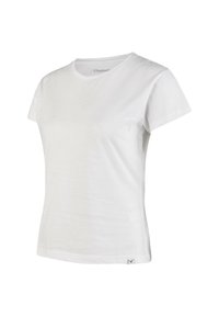 White cotton t-shirt with a round neckline, short sleeves, and a relaxed fit. Features a small brand tag on the lower hem.
