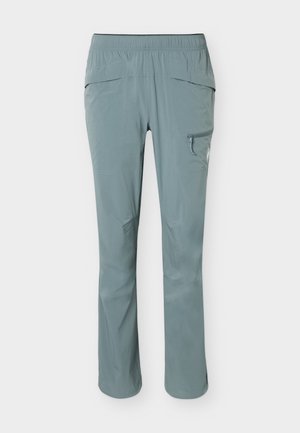 Lichtblauwe broek met elastische taille, voor- en zijzakken met rits, rechte pijpen en verstevigde knieën, afgebeeld tegen een witte achtergrond.