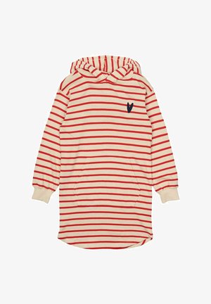 Haljina s kapuljačom sa crvenim i bijelim prugama, koja sadrži prednji đep i mali crni logo srca na prsima. Mekana tkanina s elastičnim manžetama.