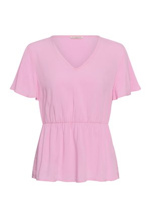 Roze blouse met korte mouwen, V-hals, geplooide taille en licht uitlopende zoom. Zachte, lichte stof met een ontspannen pasvorm.