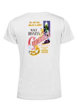 Vit bomull T-shirt med en färgglad grafisk tryck av "Walt Disneys Askungen", med text och illustrationer i rosa, blått och gult.