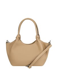 Beežikat tekstuuriga nahast käekott kahe käepidemega ja reguleeritava eemaldatava õlarihmaga valgel taustal.