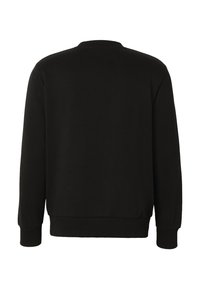 Sweat-shirt noir à manches longues avec poignets, ourlet et encolure ronde côtelés, vu de dos sur fond blanc.