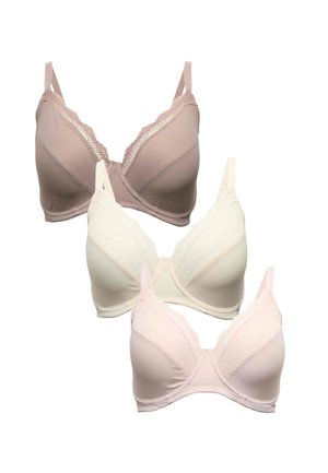 Tre polstrede bh'er med blonderkant i beige, creme og lyserød, arrangeret vertikalt på en hvid baggrund.