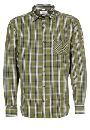 Grün-weiß-schwarz kariertes Hemd mit langen Ärmeln, Knopfleiste, Brusttasche und Kragen.