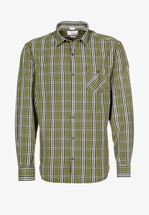 Zielona, biała i czarna koszula w kratę z długim rękawem, zapinana na guziki, z kieszenią na piersi i kołnierzykiem.