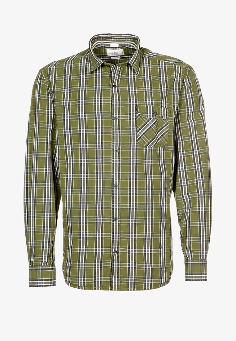 Chemise à manches longues à carreaux verts, blancs et noirs, avec poche poitrine et col.