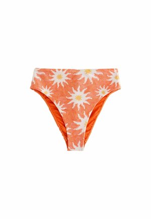 High-waisted orange bikini bottoms with a white and yellow sunburst pattern and smooth fabric texture.