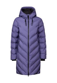 Fialová nafukovací bunda s kapucí, s designem v šipkovém vzoru, předním zipem a elastickými manžetami. Vyrobena z lesklého, izolačního materiálu.