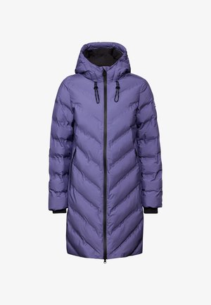 Lila Steppjacke mit Kapuze, die ein Zick-Zack-Muster aufweist, mit Reißverschluss vorne und elastischen Bündchen. Hergestellt aus einem glänzenden, isolierten Material.