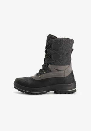 Bottes d'hiver avec une semelle en caoutchouc noir, un dessus en cuir gris et feutre, deux crochets ajustables et un tige texturée pour la chaleur.