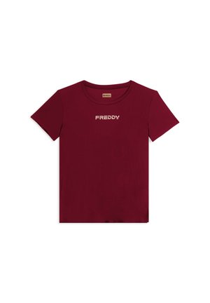 T-shirt in cotone bordeaux con maniche corte e scollo rotondo, con il logo "FREDDY" in bianco sul petto. Tessuto liscio.